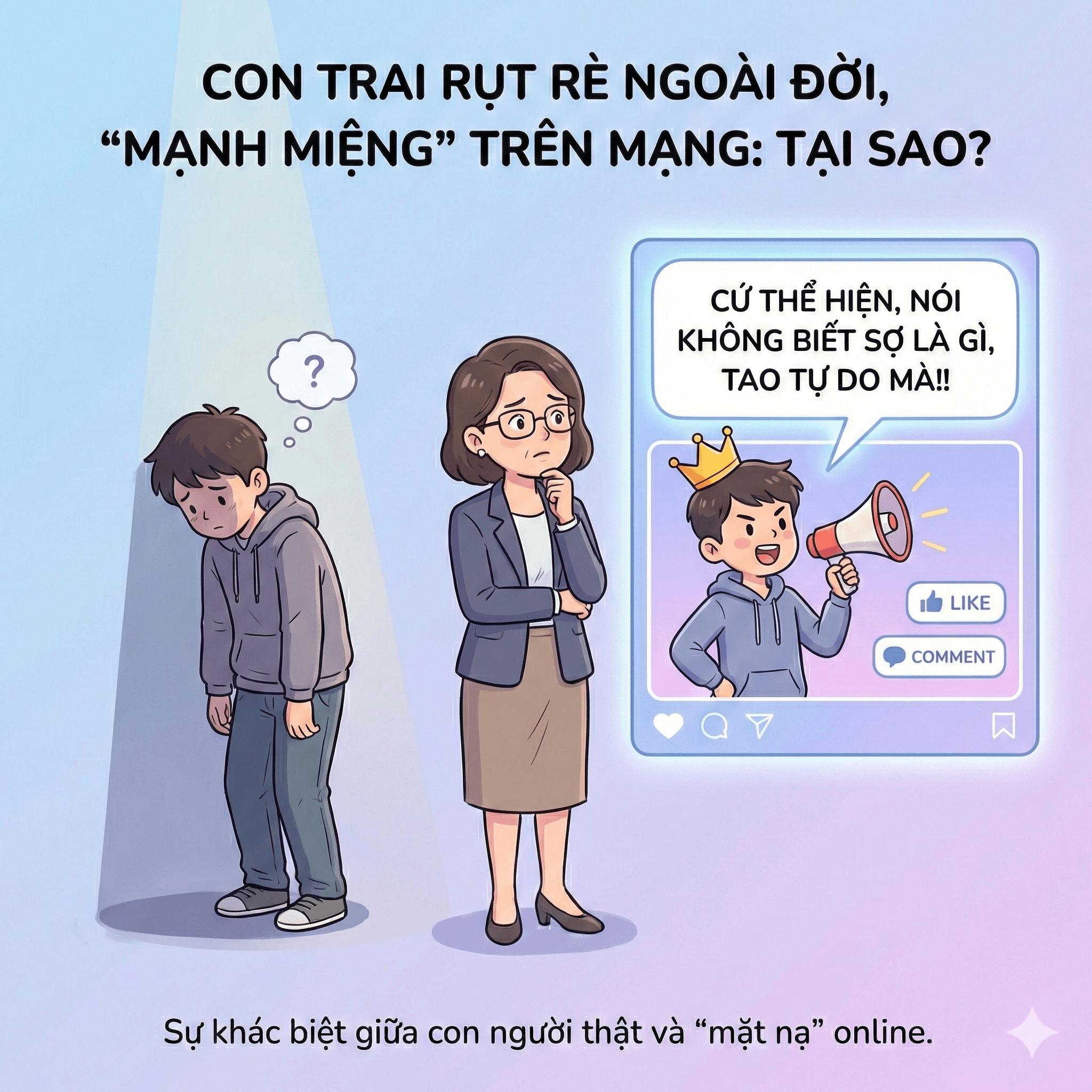 Tại sao con trai rụt rè ngoài đời thật nhưng lại “mạnh miệng” trên mạng xã hội?